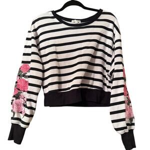 Garage Cropped Striped Crew neck with pink floral embroidery L